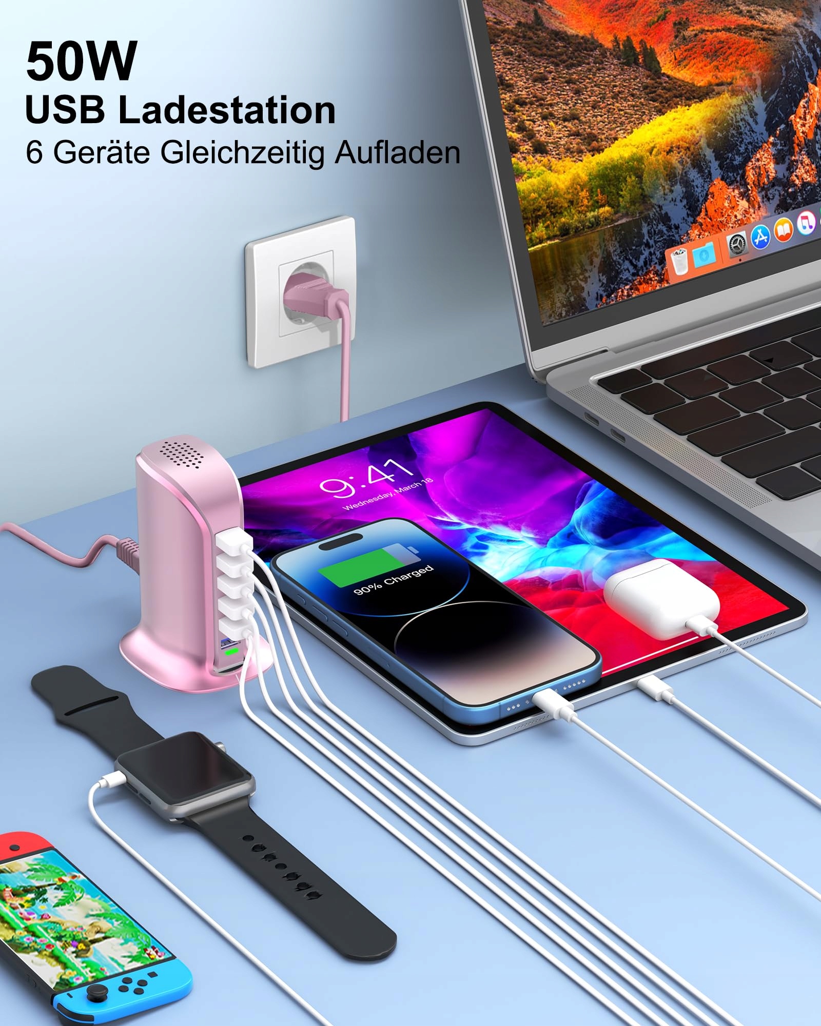 POANES 6-Port USB Ładowarka 50W for iPhone Android Samsung Tablet Różowa — miniatura 2