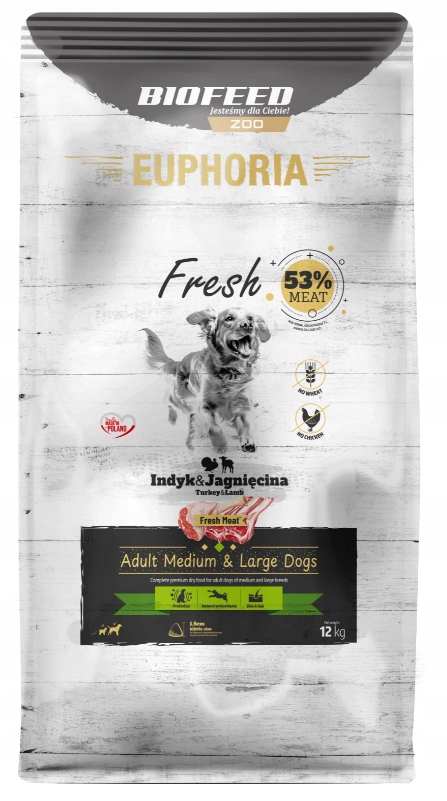 Euphoria Fresh Meat Karma dla psa bezzbożowa Indyk z Jagnięciną M/L 12kg