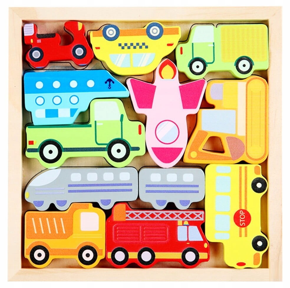 

Klocki Autka Pojazdy Drewniane Puzzle Układanka