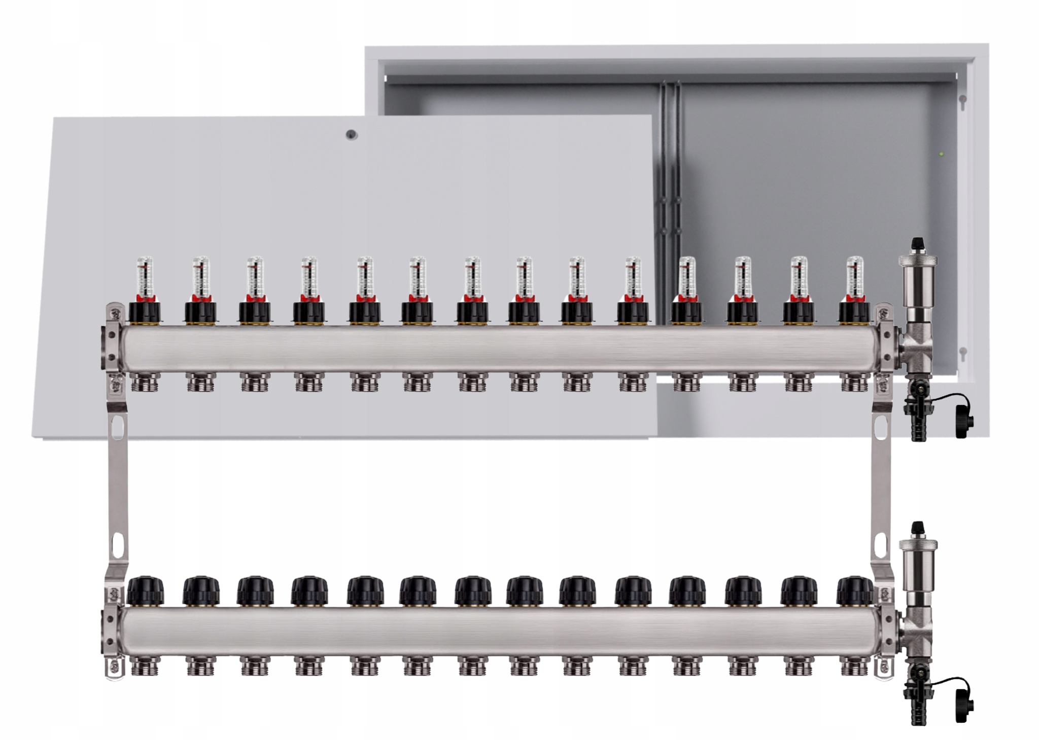 Nerezový rozdělovač na podlahu 14 okruhů s nástěnnou schránkou