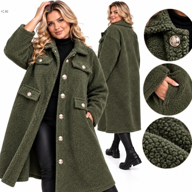 5627 Kabát beránek teddy khaki olivový s ozdobnými knoflíky 54 56 6xl 7xl