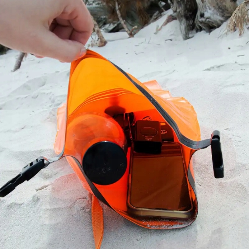 Bojka Asekuracyjna do Pływania Ratownicza Boja Dmuchana 2w1 Sucha Kieszeń Długość 64 cm