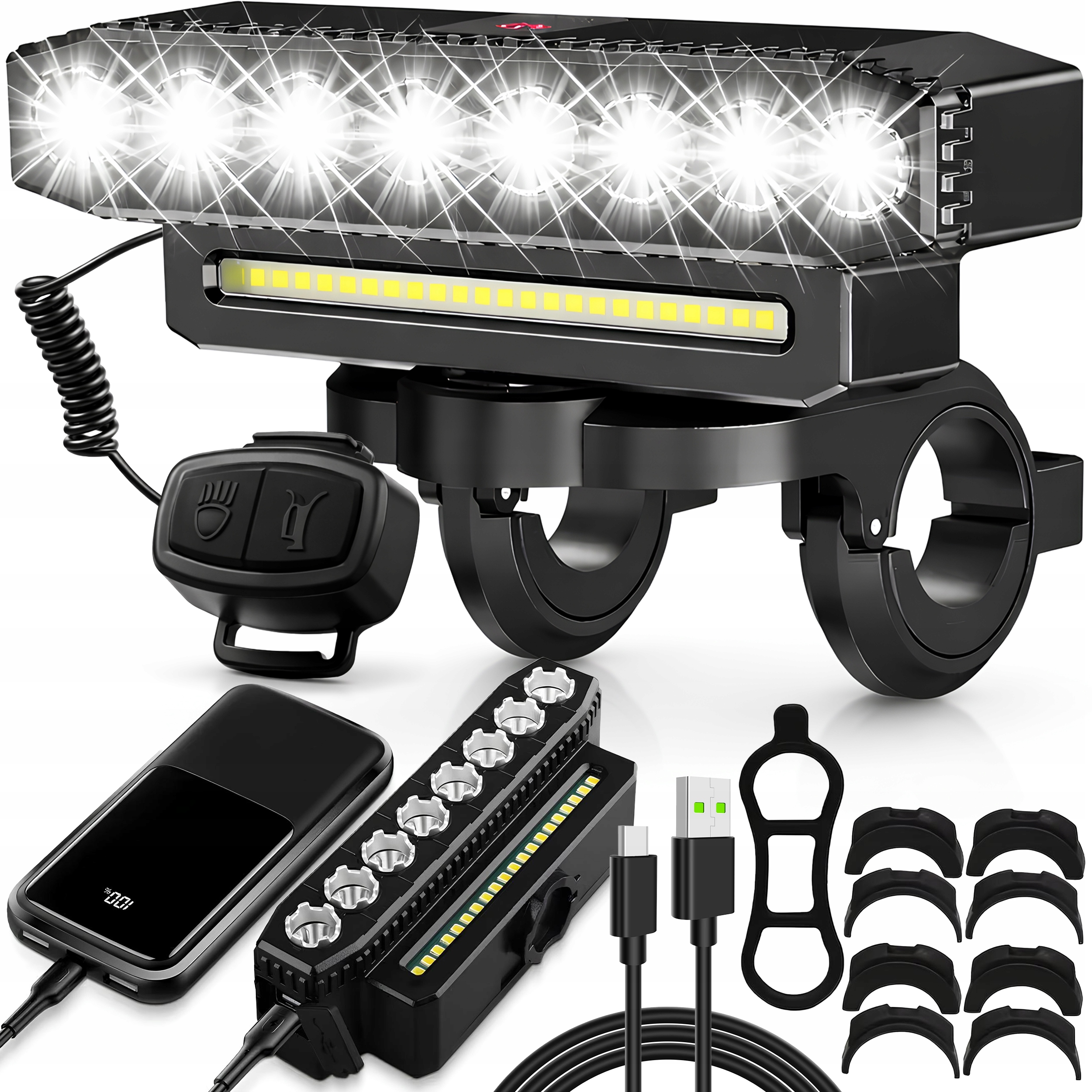 MOCNA LAMPKA ROWEROWA LED 4000mAh Światło PRZÓD USB-C WODOODPORNA +DZWONEK