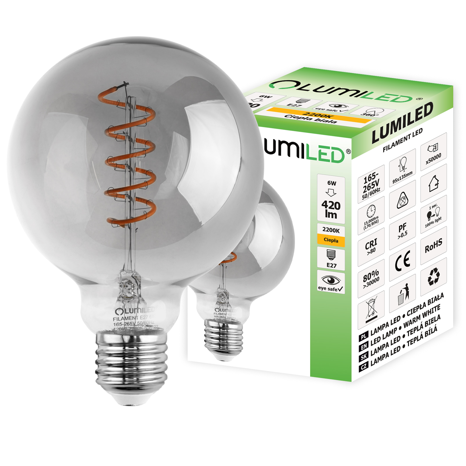 

Żarówka Led E27 G95 Filament 6W Globe Lumiled