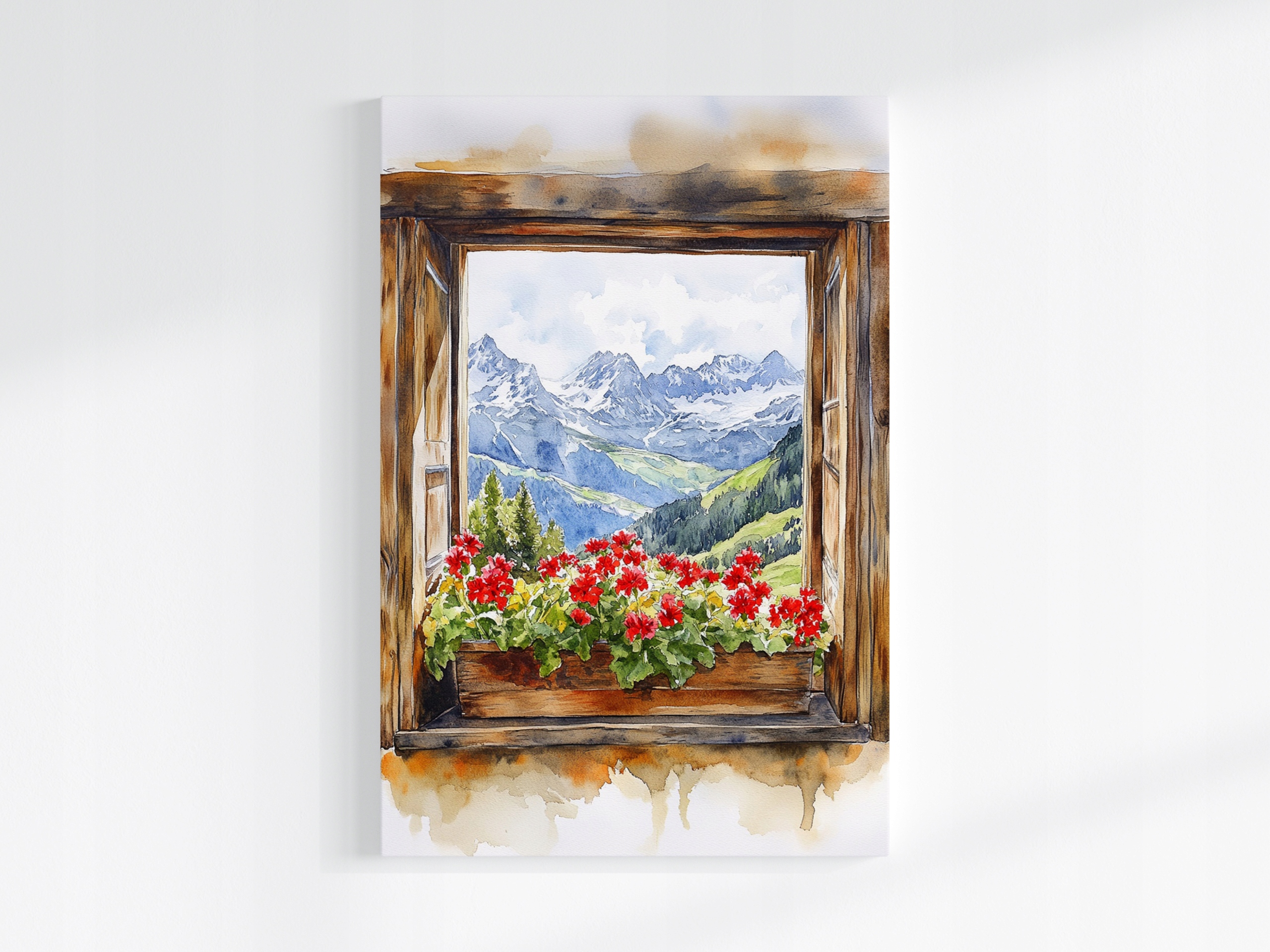 Obraz Na Plátně Canvas Okno Pohled Na Hory Alpy Sníh Květiny Pelargonie 80x120