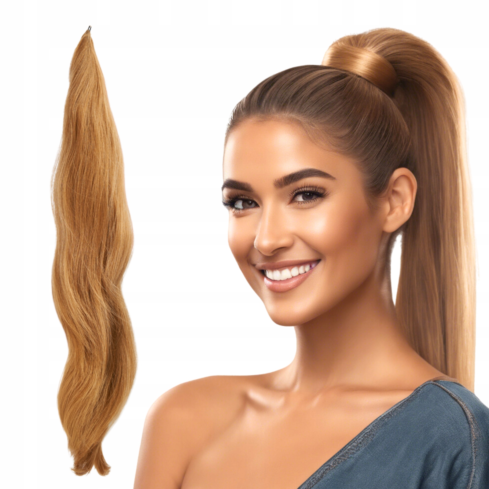 Kuň na tyči 50 cm #26/18/27 teplý tmavý blond toffi vlasy jako přírodní