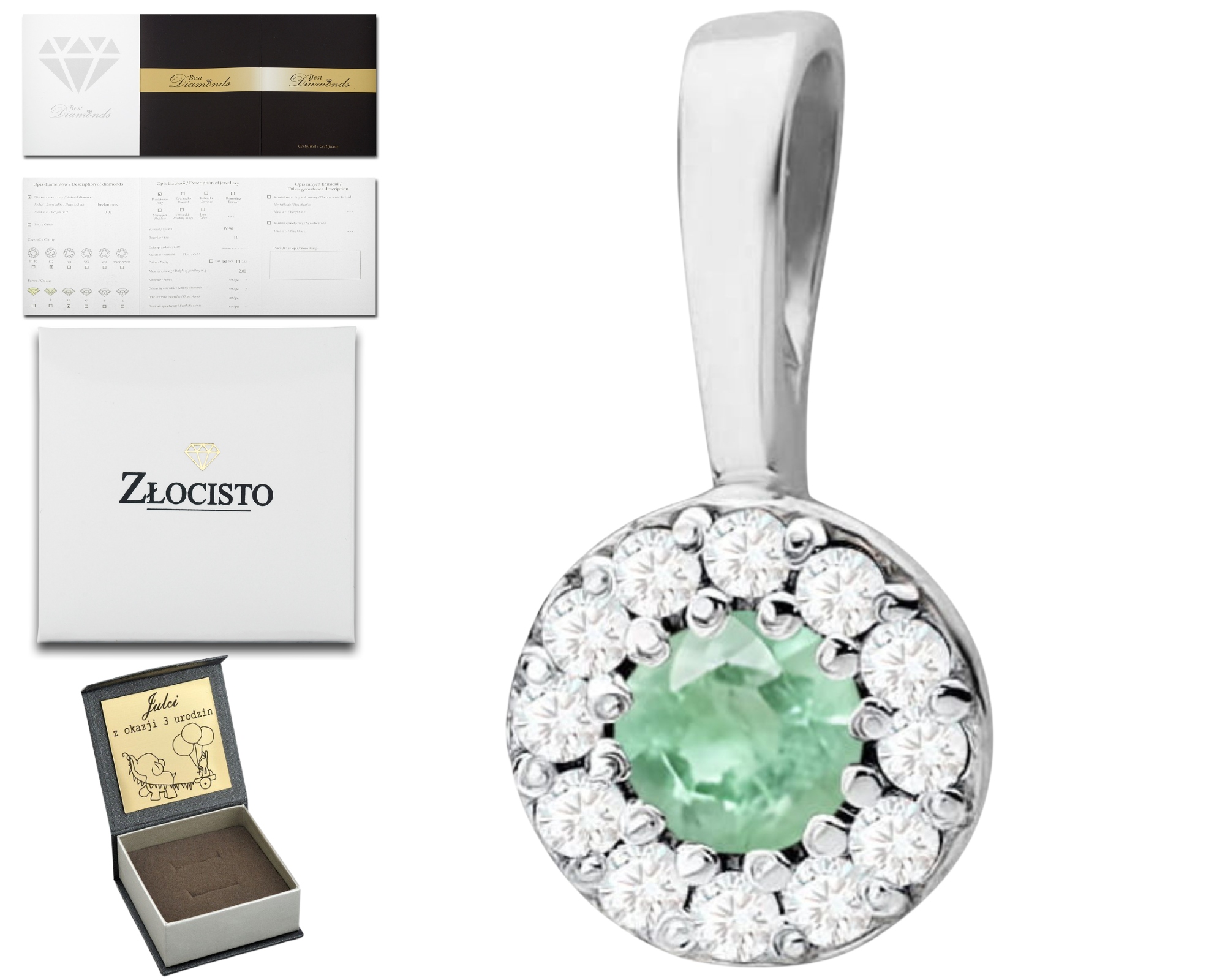 Bílý Zlatý Přívěsek Se Smaragdem A Diamanty 585 14K