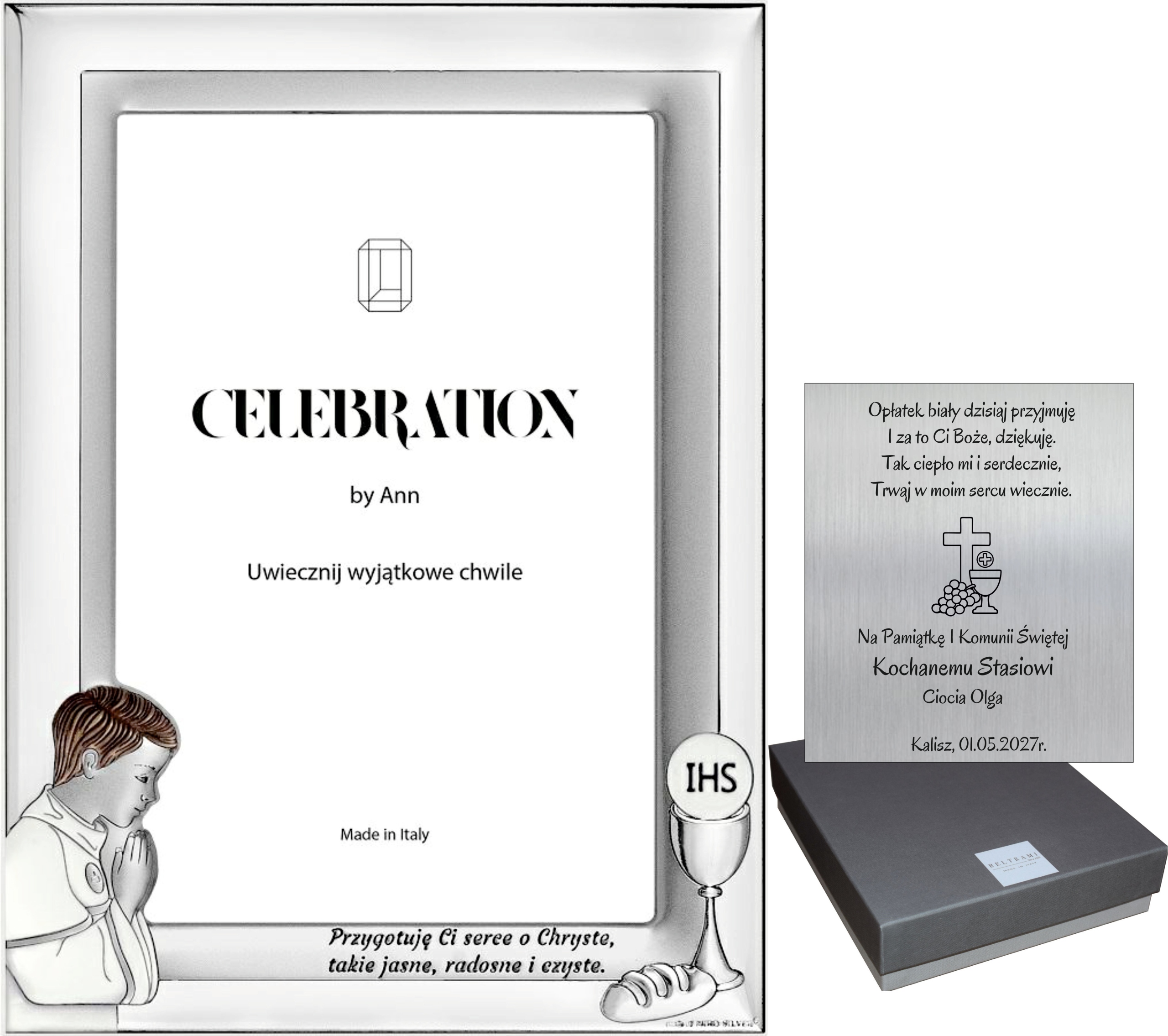 SREBRNA RAMKA NA ZDJĘCIE 13x18 PAMIĄTKA KOMUNII CHŁOPIEC