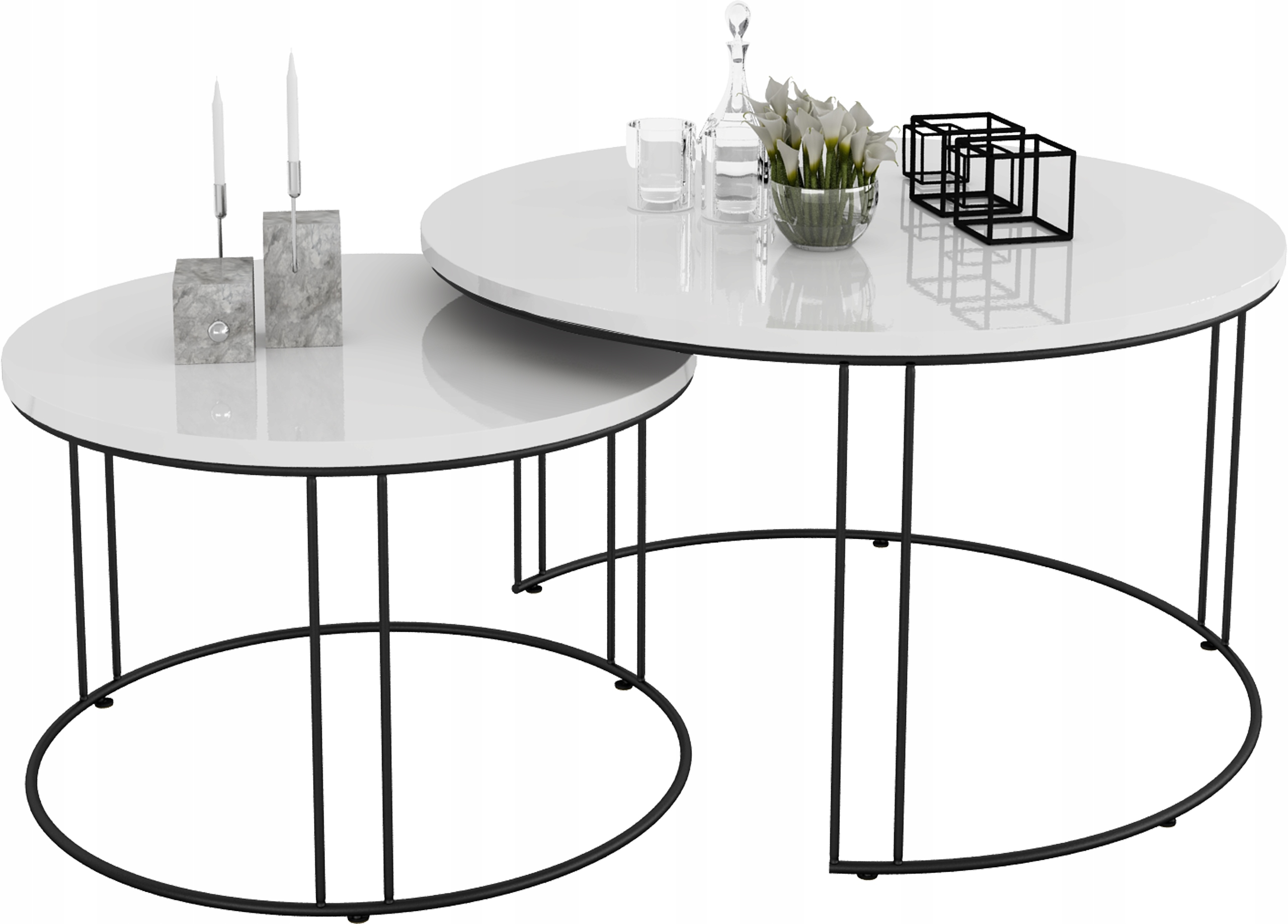 Zestaw Okrągłych Stolików Kawowych 2w1 Salon Loft Czarny+Biały Połysk
