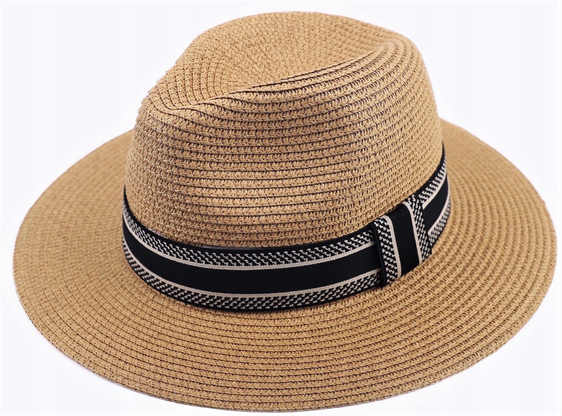 KAPELUSZ damski na lato słomkowy eko PLECIONY SŁOMIANY BEŻ ozdobna taśma