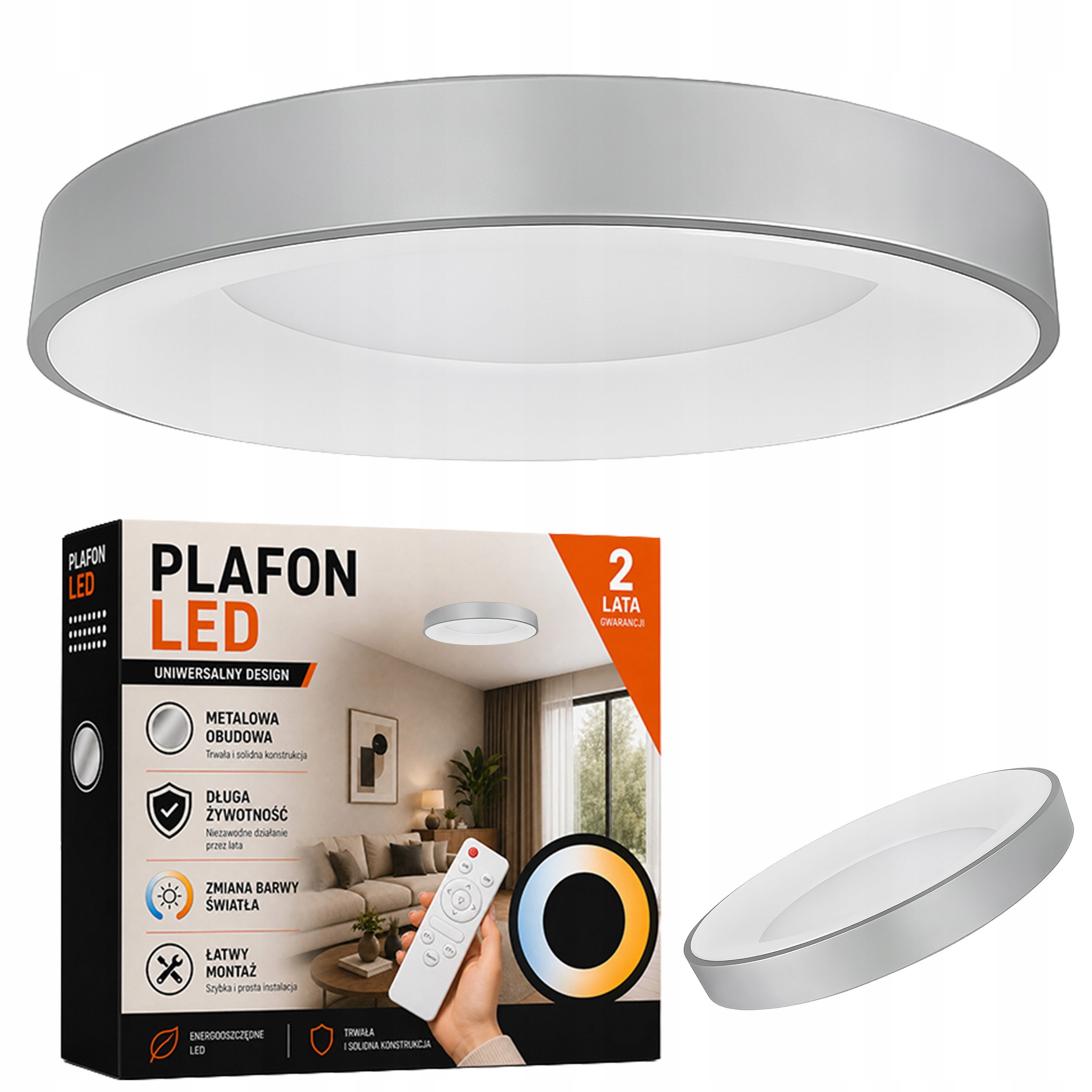 Lampa Sufitowa Szara Okrągła Plafon Led Szary Klasyczny Z Pilotem 50CM Loft