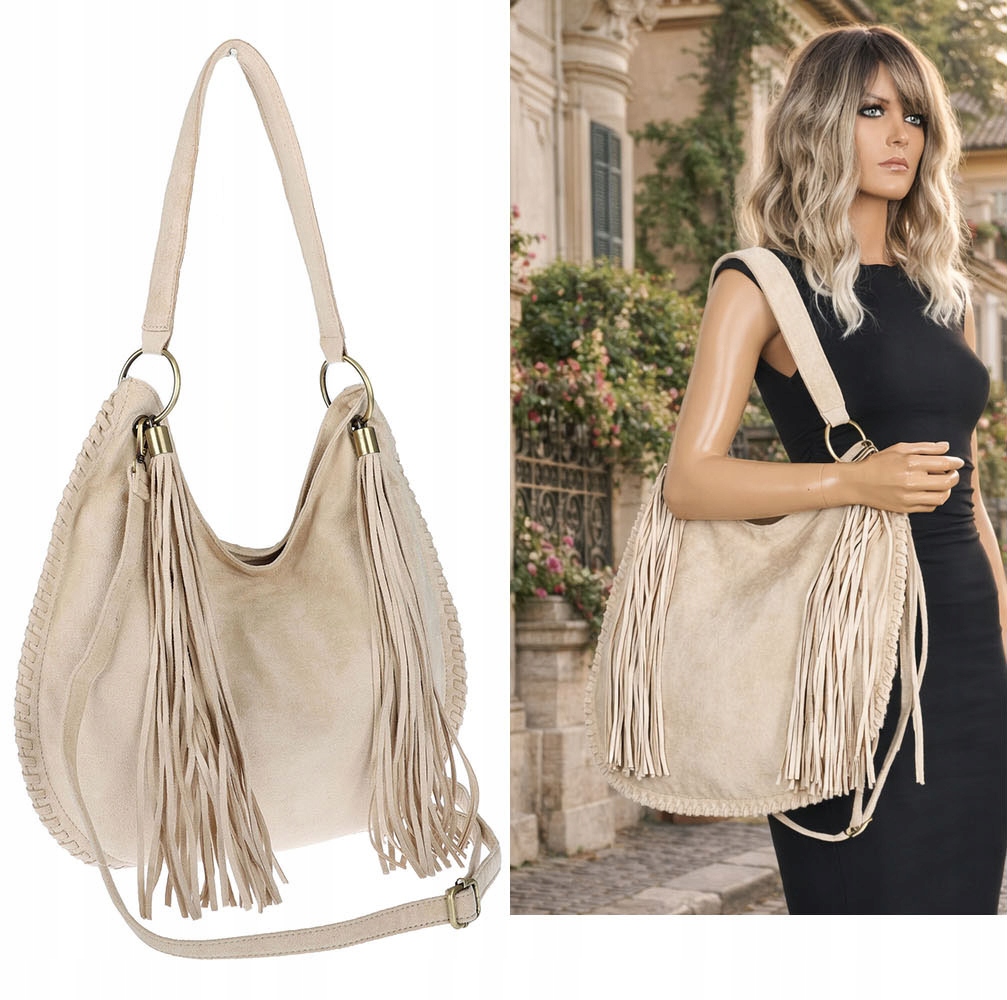 Torebka damska shopper worek zamsz lekka torba 90517 Beżowa