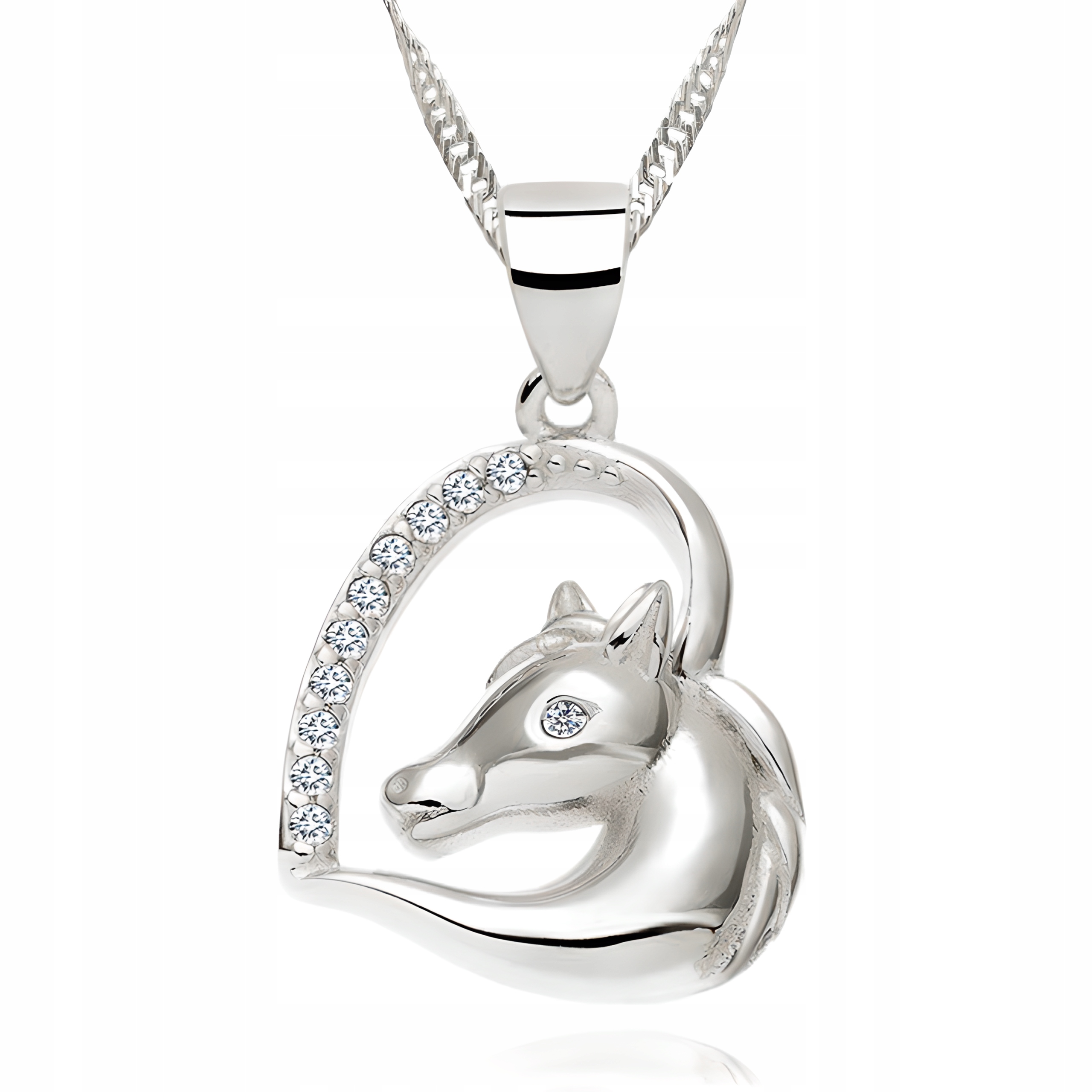 Srebrny Łańcuszek Naszyjnik Serce Koń Konik w Sercu Z Białymi Cyrkoniami