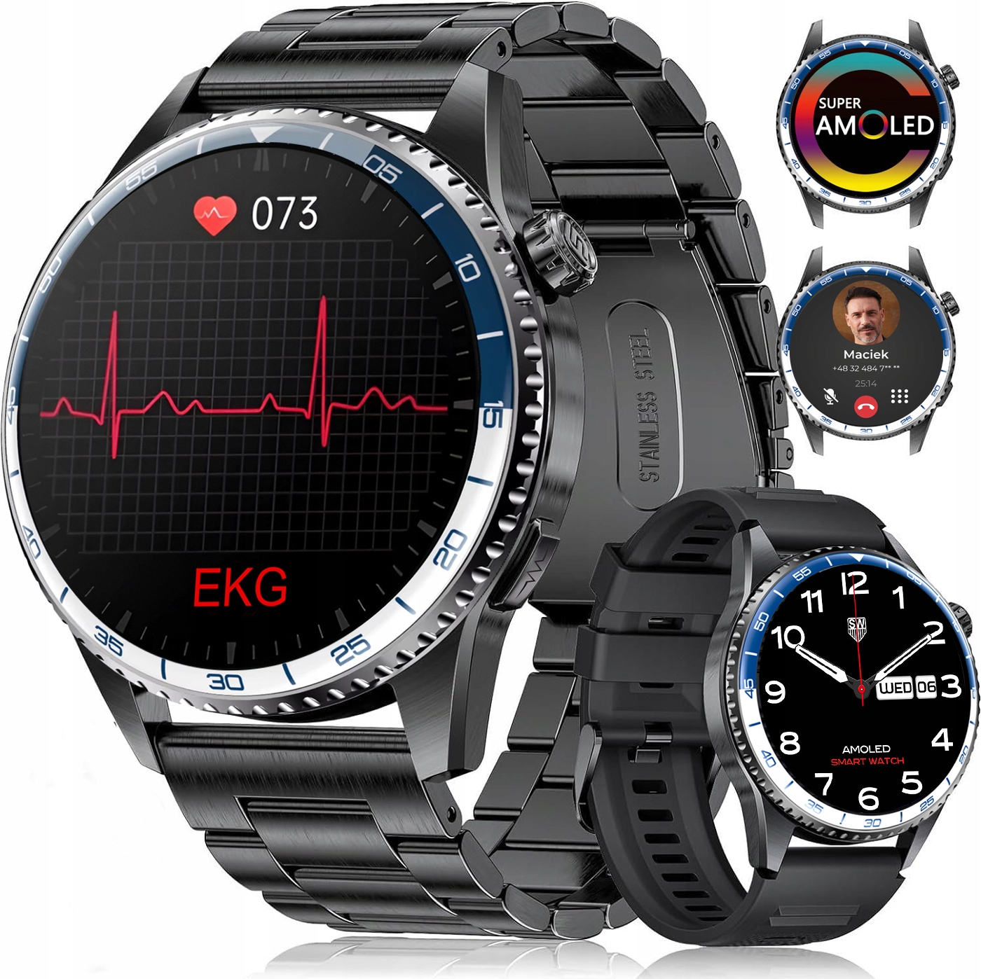 Zegarek Smartwatch Ekg Latarka Amoled Pomiar Glukozy Ciśnieniomierz Hrv