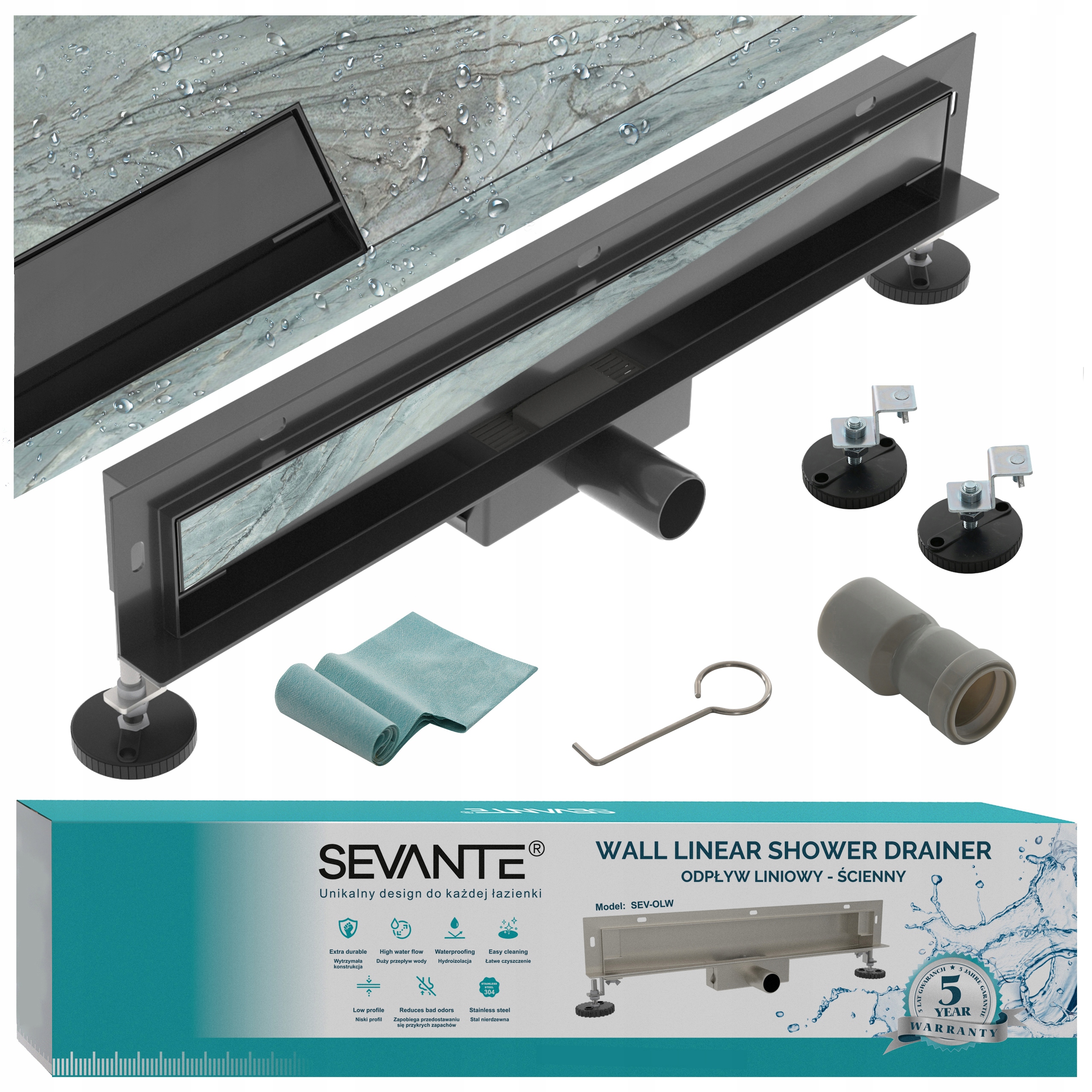 Lineární odtok 2v1 50 cm boční Wall černý nerezová ocel Sevante