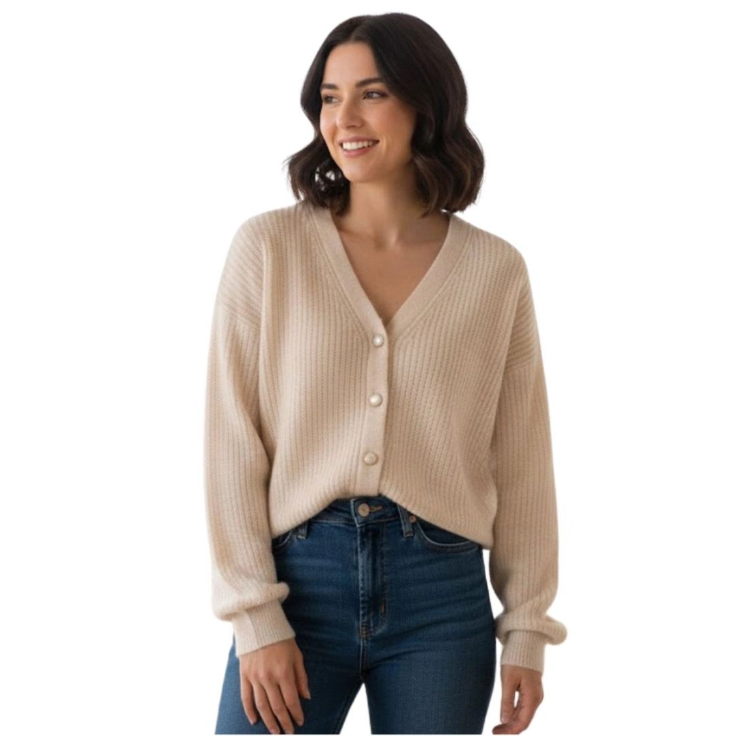 Dámský svetr Naf Naf Kate Gilet s vlnou a alpakou ecru, rozepínací, teplý, velikost M