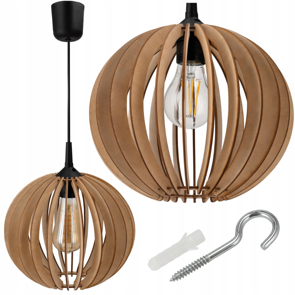 LAMPA WISZĄCA SUFITOWA ŻYRANDOL LED E27 REGULOWANA 0-100cm DREWNIANY KLOSZ