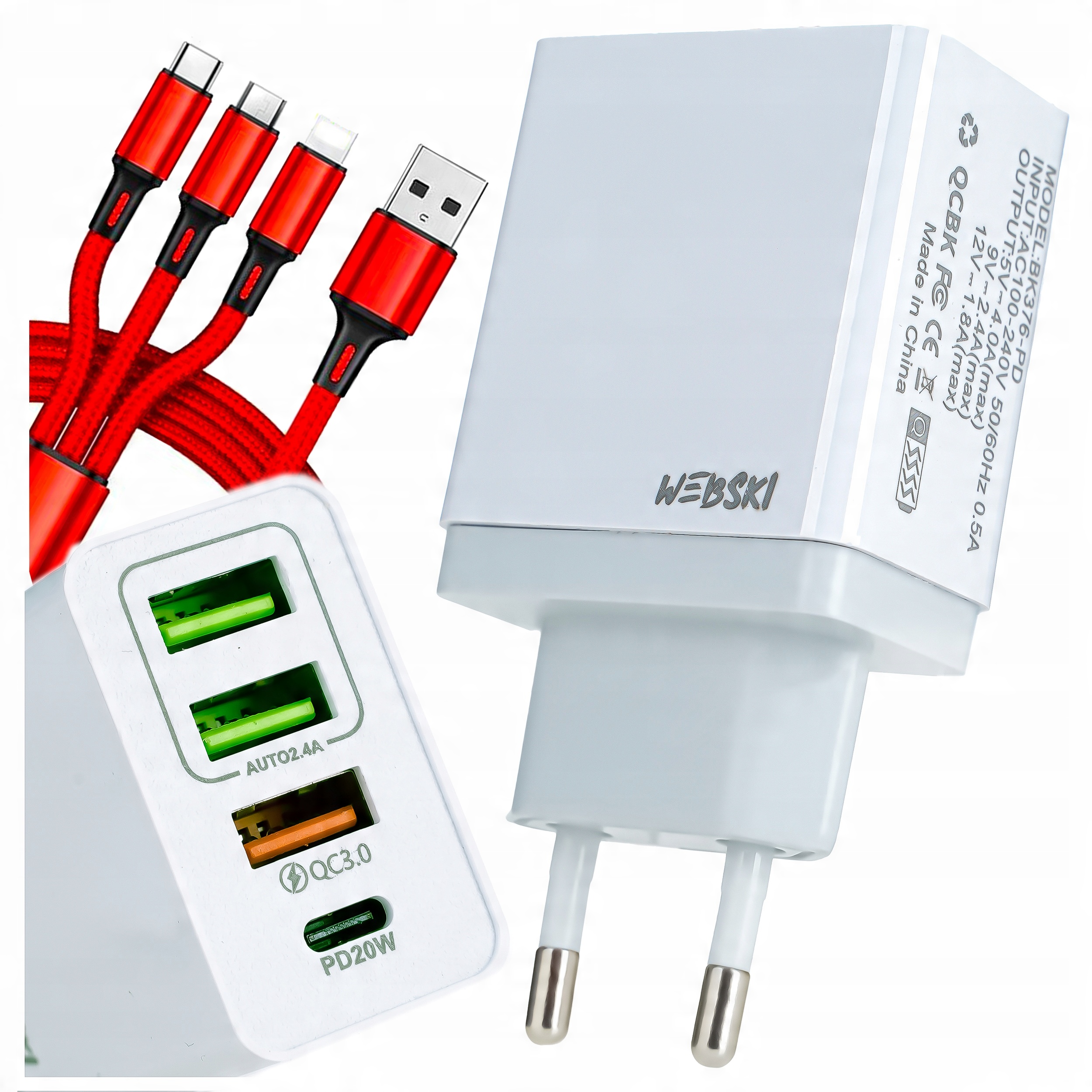 

Szybka Ładowarka Sieciowa 4 Porty Usb Qc Kabel