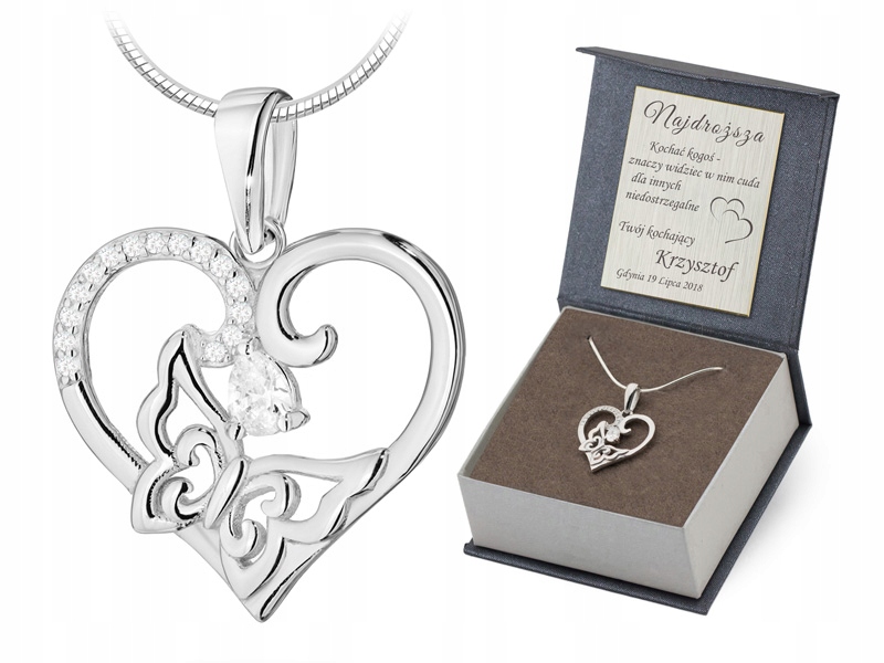 Stříbrný Komplet ryzost 925 Řetízek 42 cm a Přívěsek Srdce Motýlek Gravírování