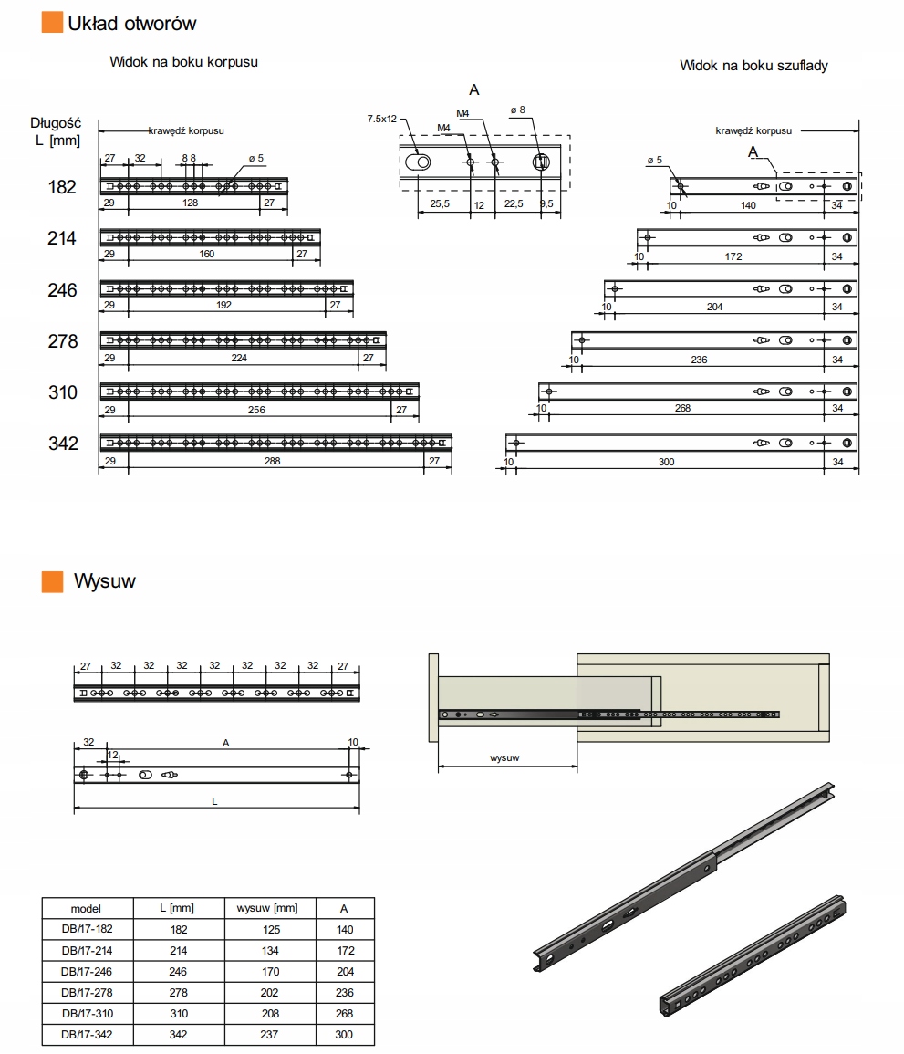 Prowadnica kulkowa do szuflad H-17 mm L-182 mm - DB/17 AMIX Kod producenta DB/17-182*