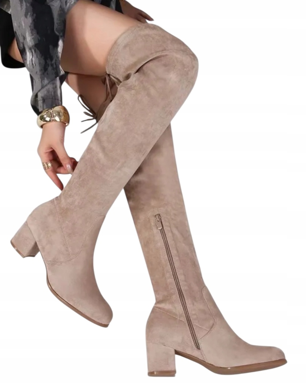 Kozačky Mušketýrky Za Koleno Semišové Na Podpatku 6cm Elegantní Béžová 43