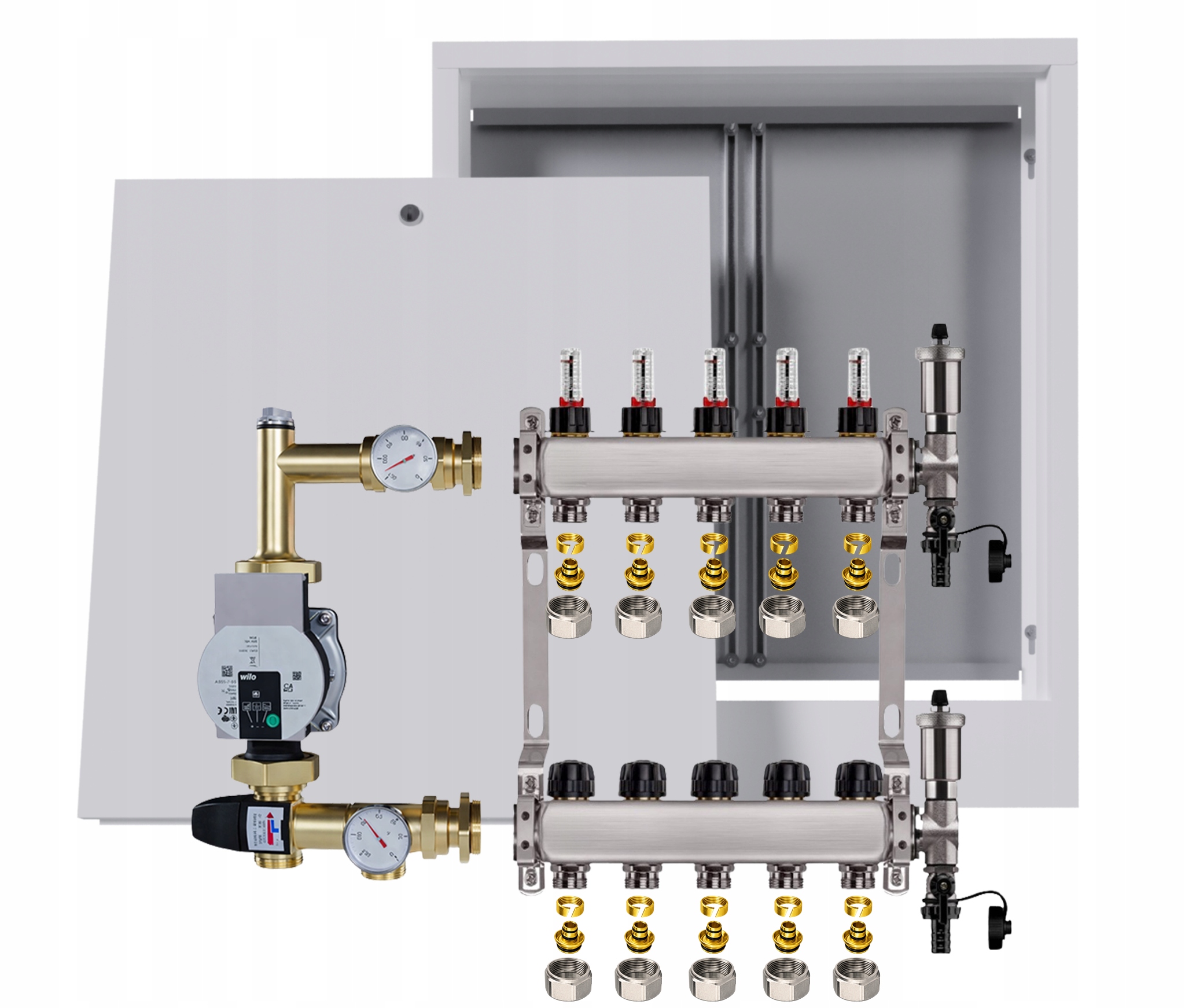 Rozdělovač podlahový nerezový 5 s boxem Pumpa Wilo Spojky