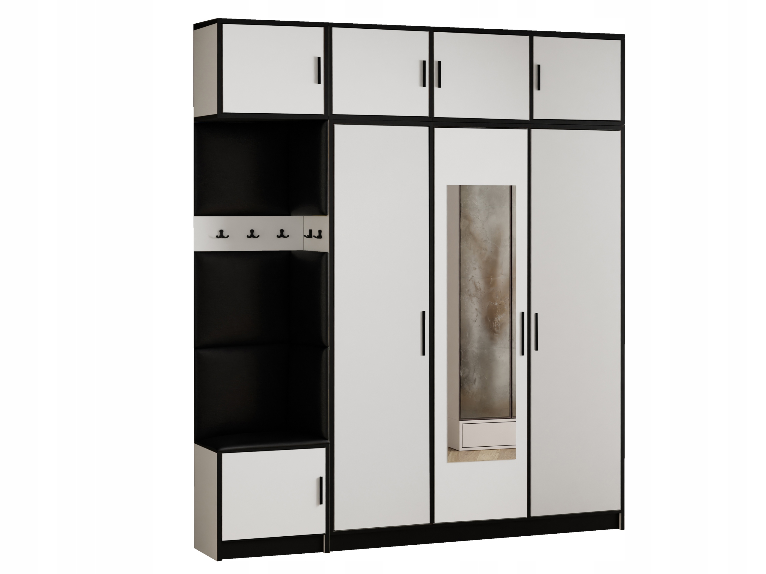 Šatní skříň Dior 14 bílá černá ekokůže, sedák s nástavcem