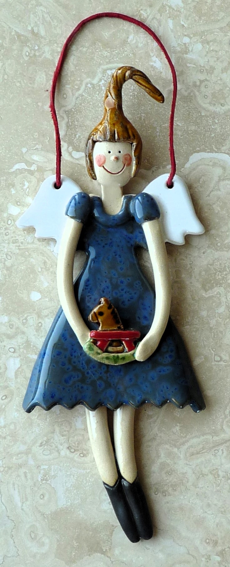 Keramická figurka Anděl Modrý Dívka s koníkem Dárek 23 cm