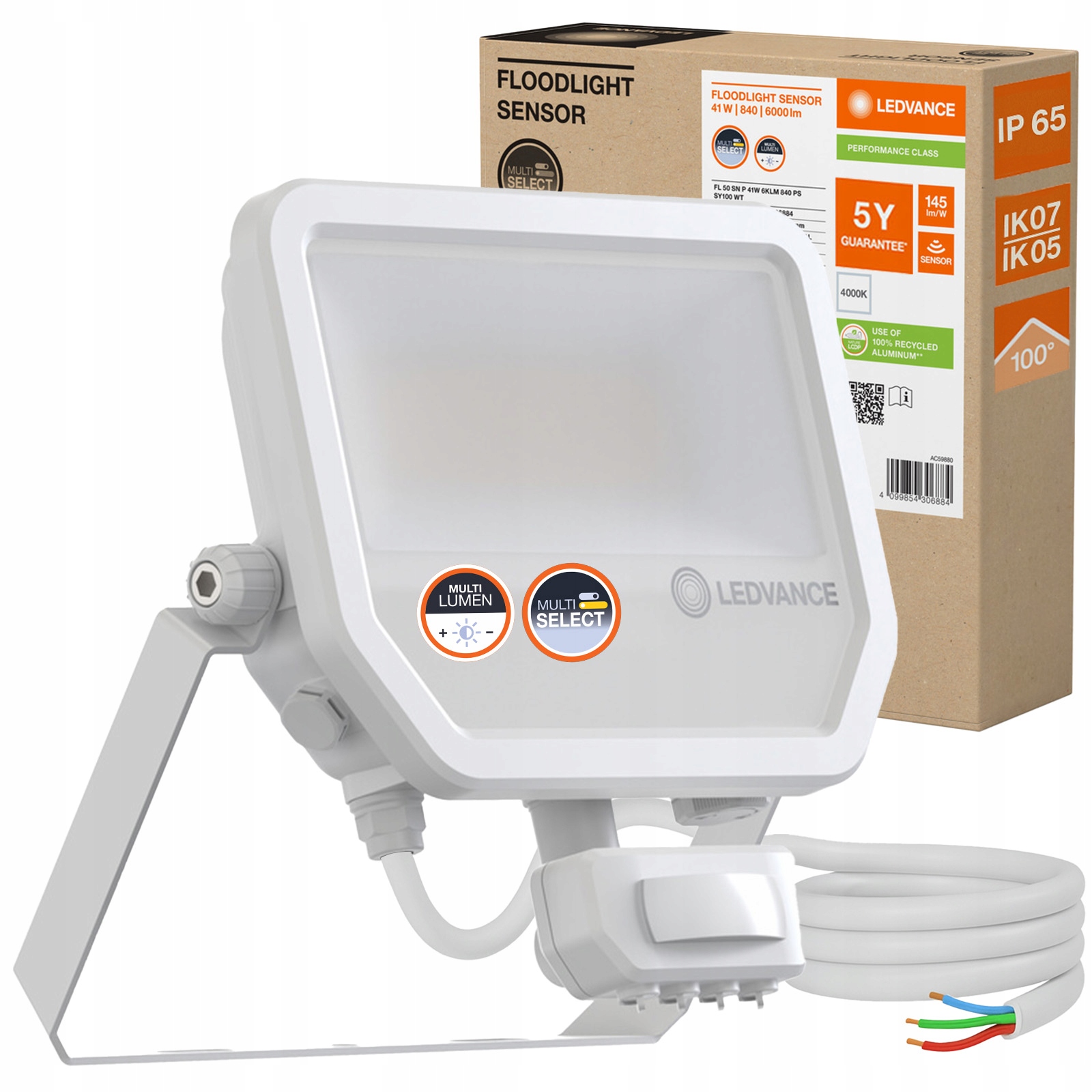 Led zářič 50W 6000lm 4000K IP65 Bílý s pohybovým a soumrakovým senzorem