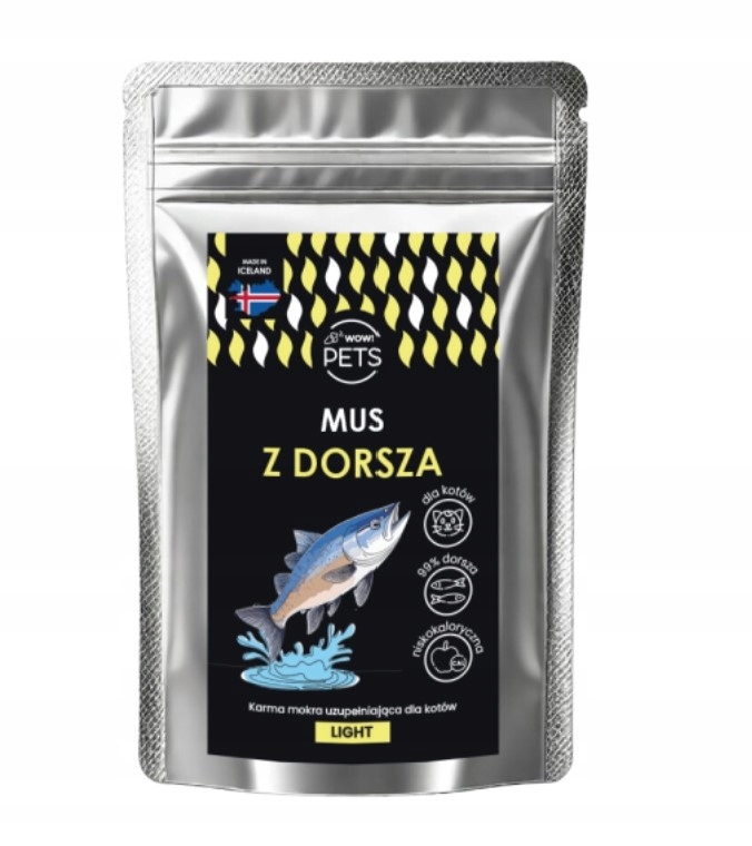 5X Wow Pets nízkokalorické mokré krmivo pro kočky pěna z tresky 100 g