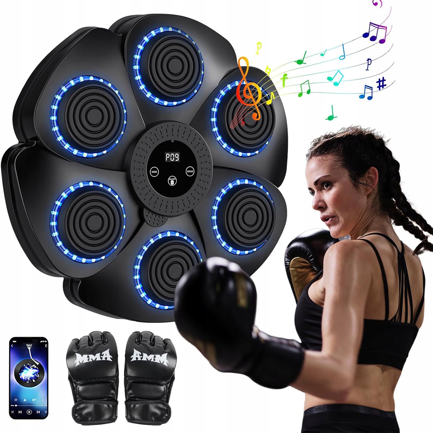 Maszyna Bokserska Bluetooth Z Muzyką I Światłami Led 9 Trybów Rękawice