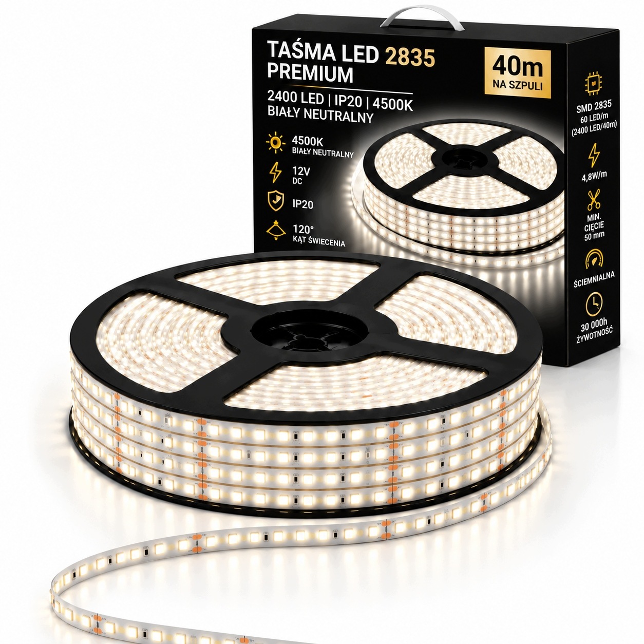 Led pásek Premium 40 m, 2400 Led, 4500 K, IP20, oboustranné napájení, nebliká
