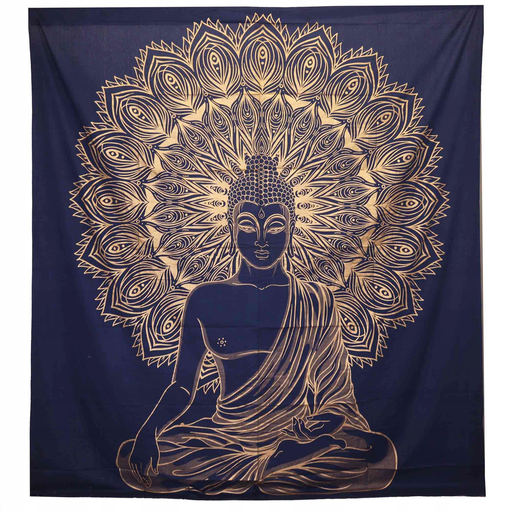 Bavlněný přehoz Nástěnná ozdoba Buddha Modrozlatá 200 x 230 cm z Indie