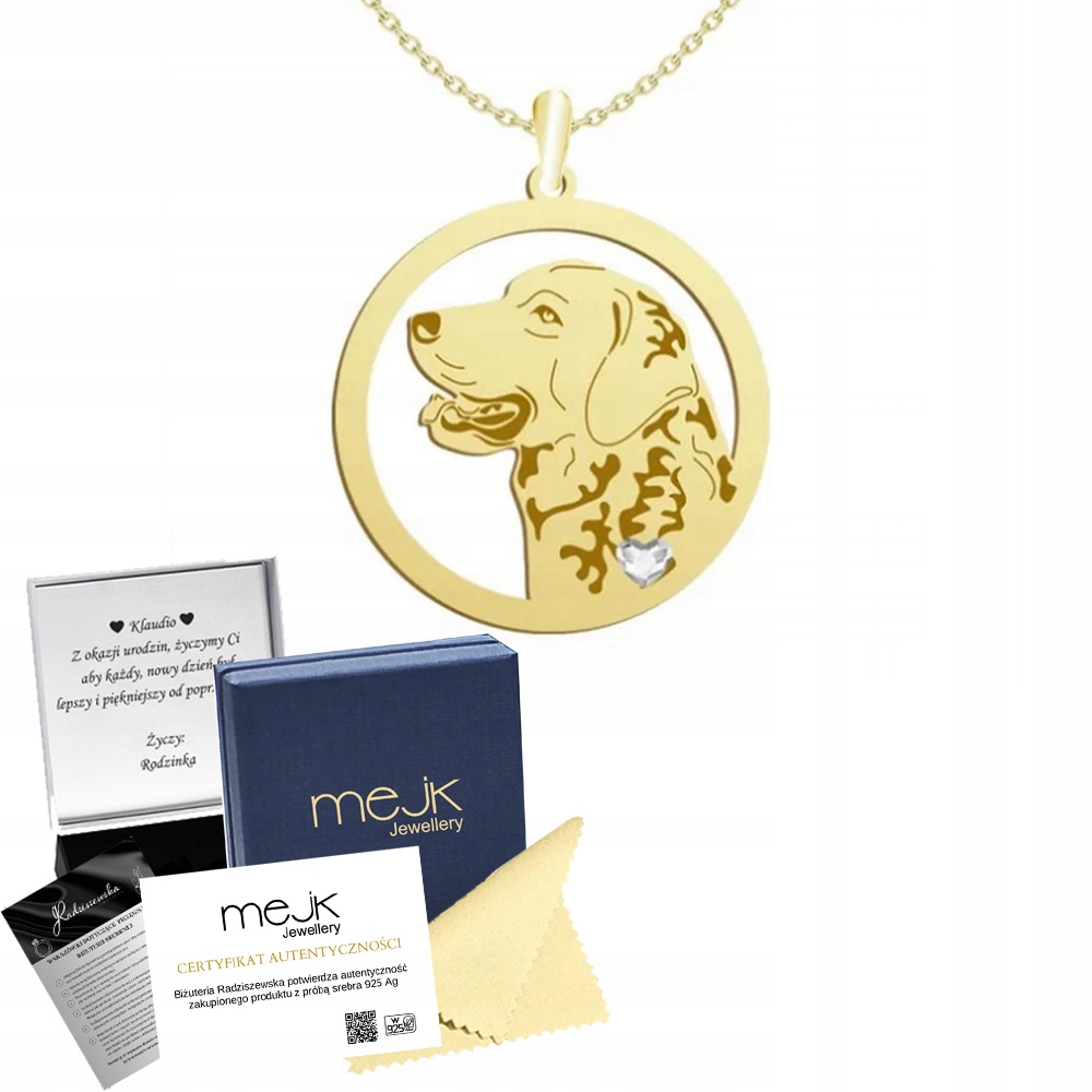 Zlatý náhrdelník s psem Chesapeake Bay Retriever 925 Dárek Gravírování Bonus