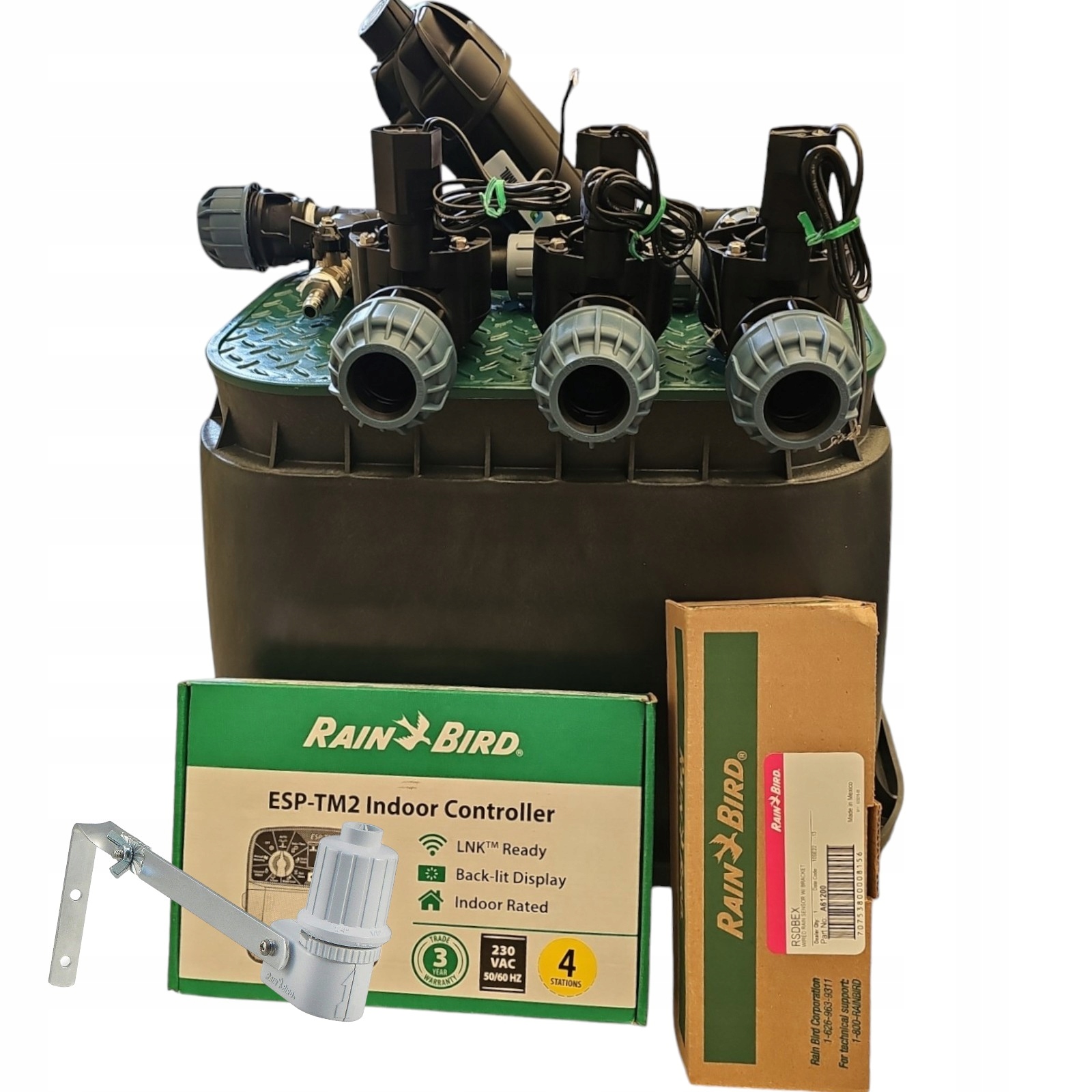 Zestaw Rain Bird Hv 3 sekcje z filtrem Sterownik TM2 Czujnik deszczu Pe 25