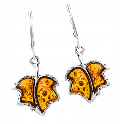 Stříbrné Náušnice list s Jantarem, anglické zapínání Stříbro Ag 925