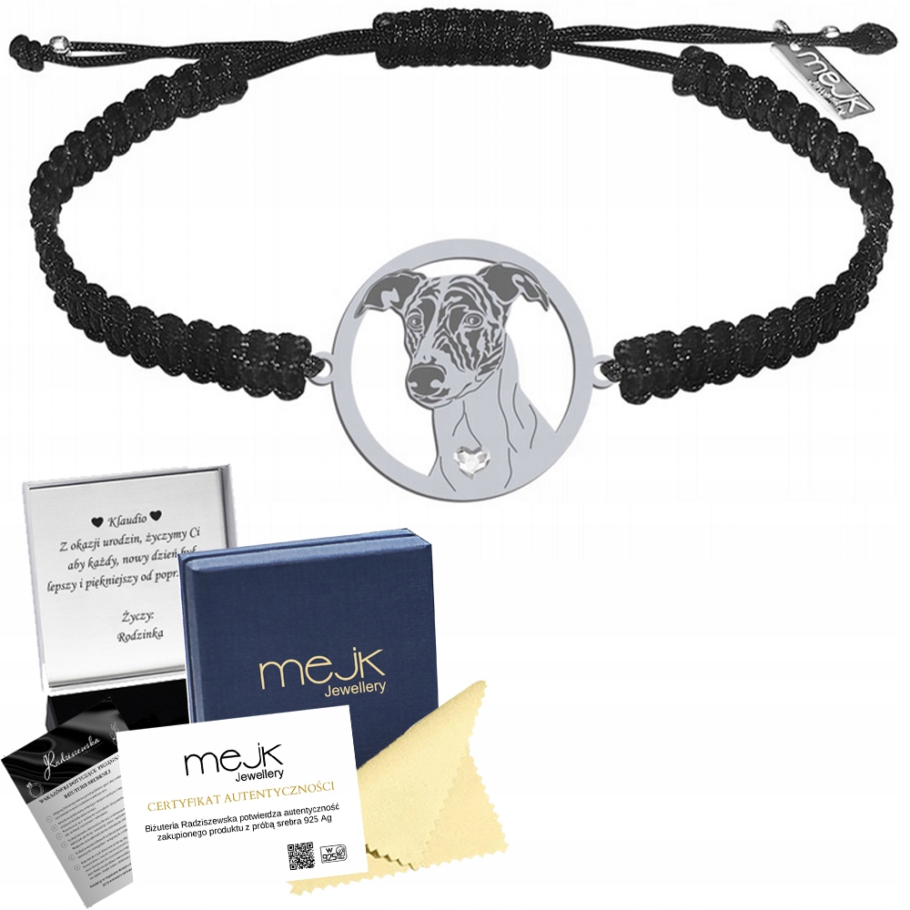 Stříbrný náramek s psem Uherský chrt 925 Dárek Makramé Gravírování