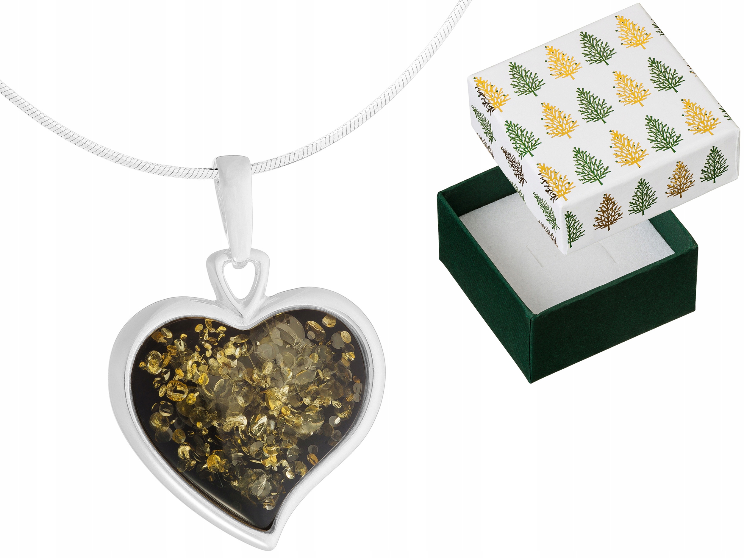 Stříbrný náhrdelník 925 Přívěsek Srdce Přívěsek s jantarem Řetízek 45 cm