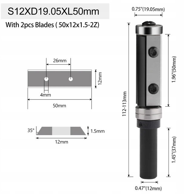 Frez prosty do drewna 2P trzpień 12mm fi 19,05 x 50 z łożyskiem 2L