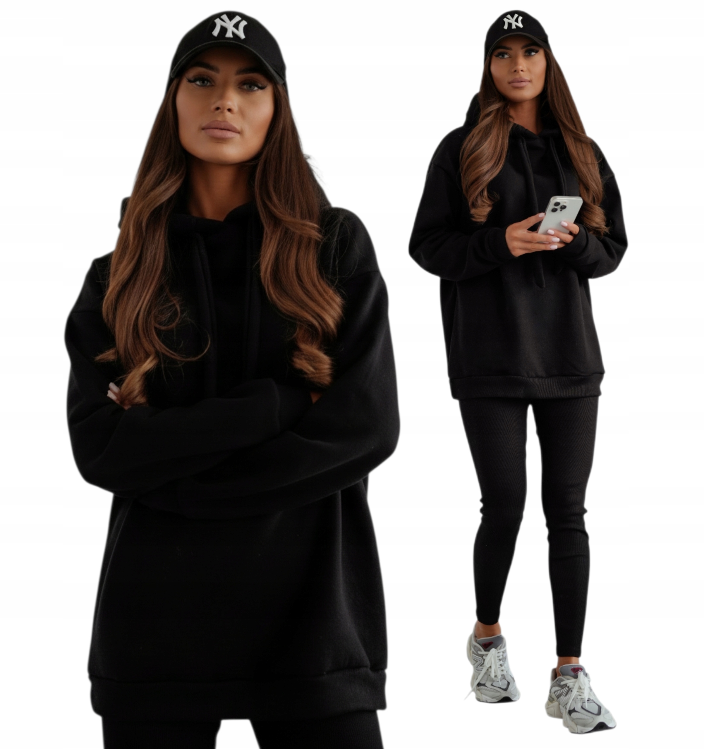 Zateplený Tepláková Souprava Mikina S Kapucí Legíny Uni Černá