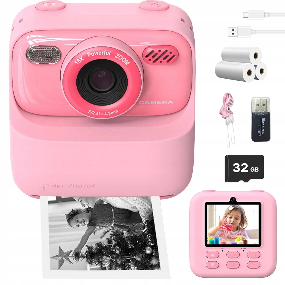 Fotoaparát pro děti 32 Gb Okamžitý tisk MP3 Obrazovka 2,4"