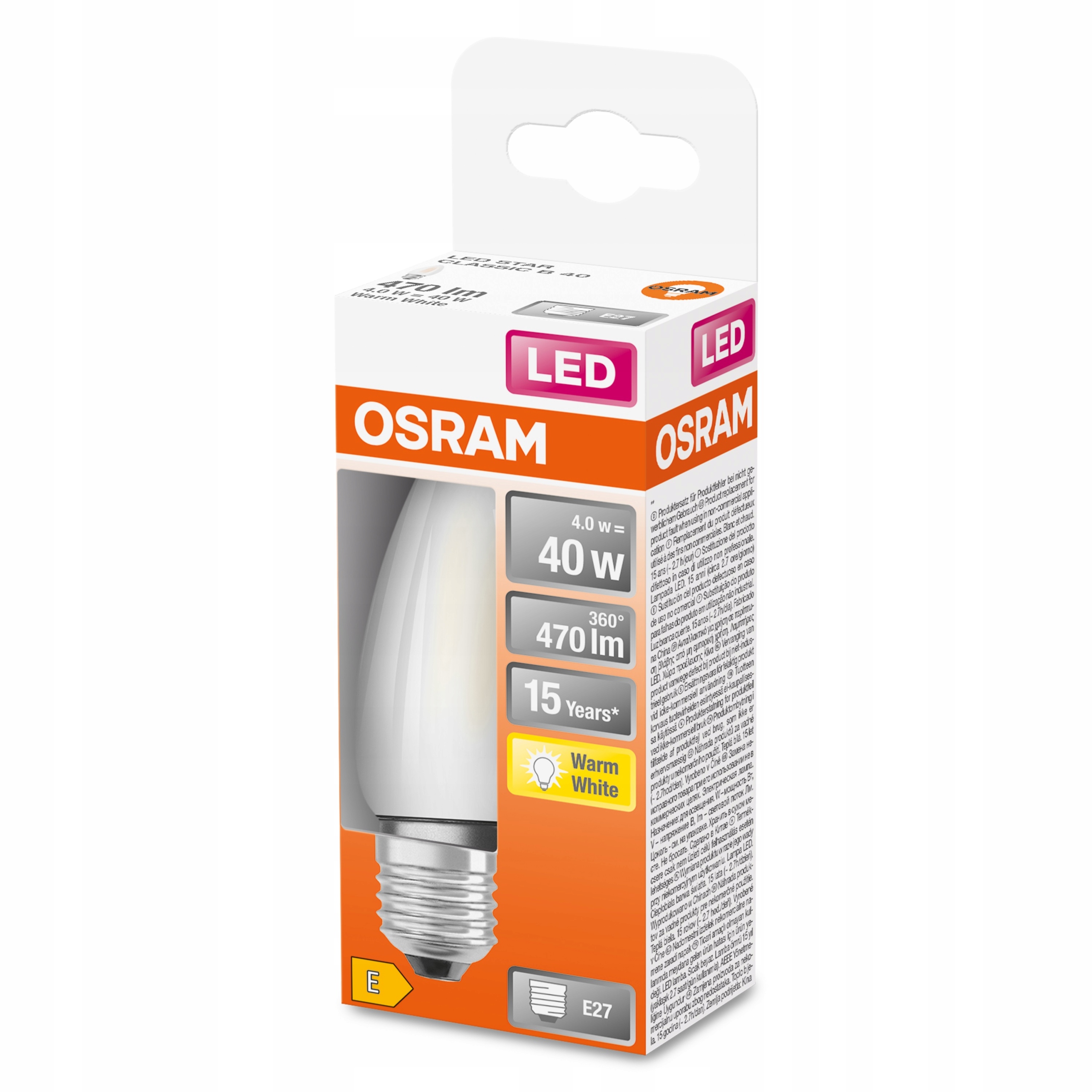 Żarówka świeczka LED 4W =40W E27 ciepła 2700K OSRAM