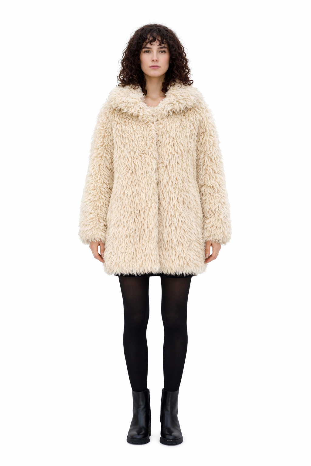 Béžový Kabát S Dvouřadým Zapínáním A Kožešinou, Velikost 1I3A