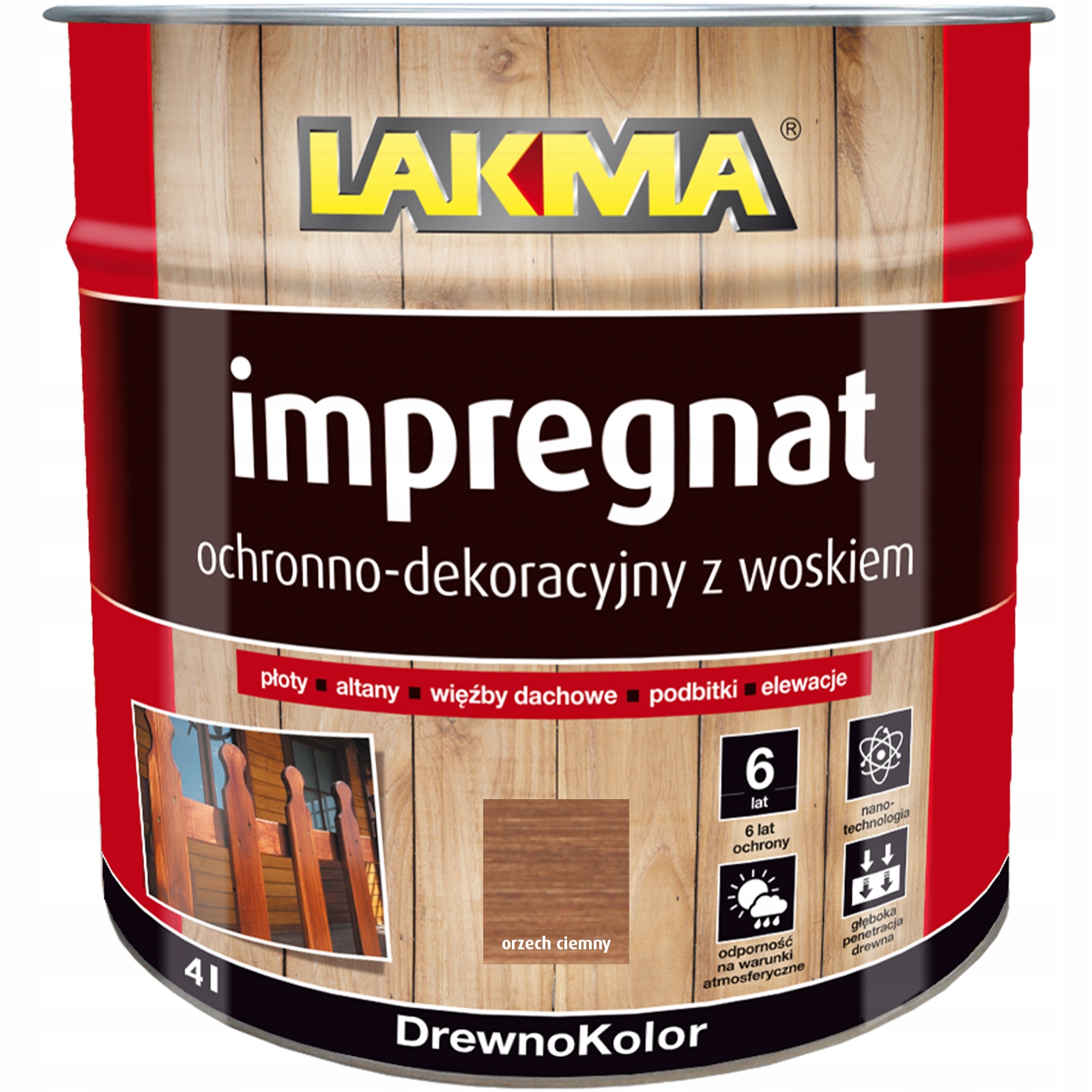 Lakma Impregnat Ochronno-dekoracyjny z Woskiem do Drewna Orzech Ciemny 4L
