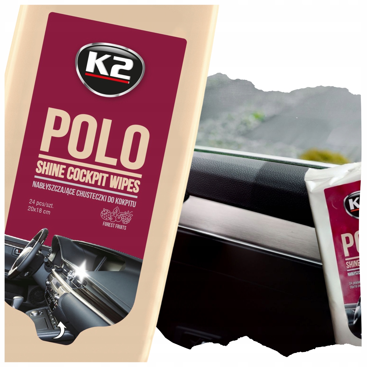 K2 Polo Chusteczki do deski rozdzielczej plastików nawilżane 24szt.