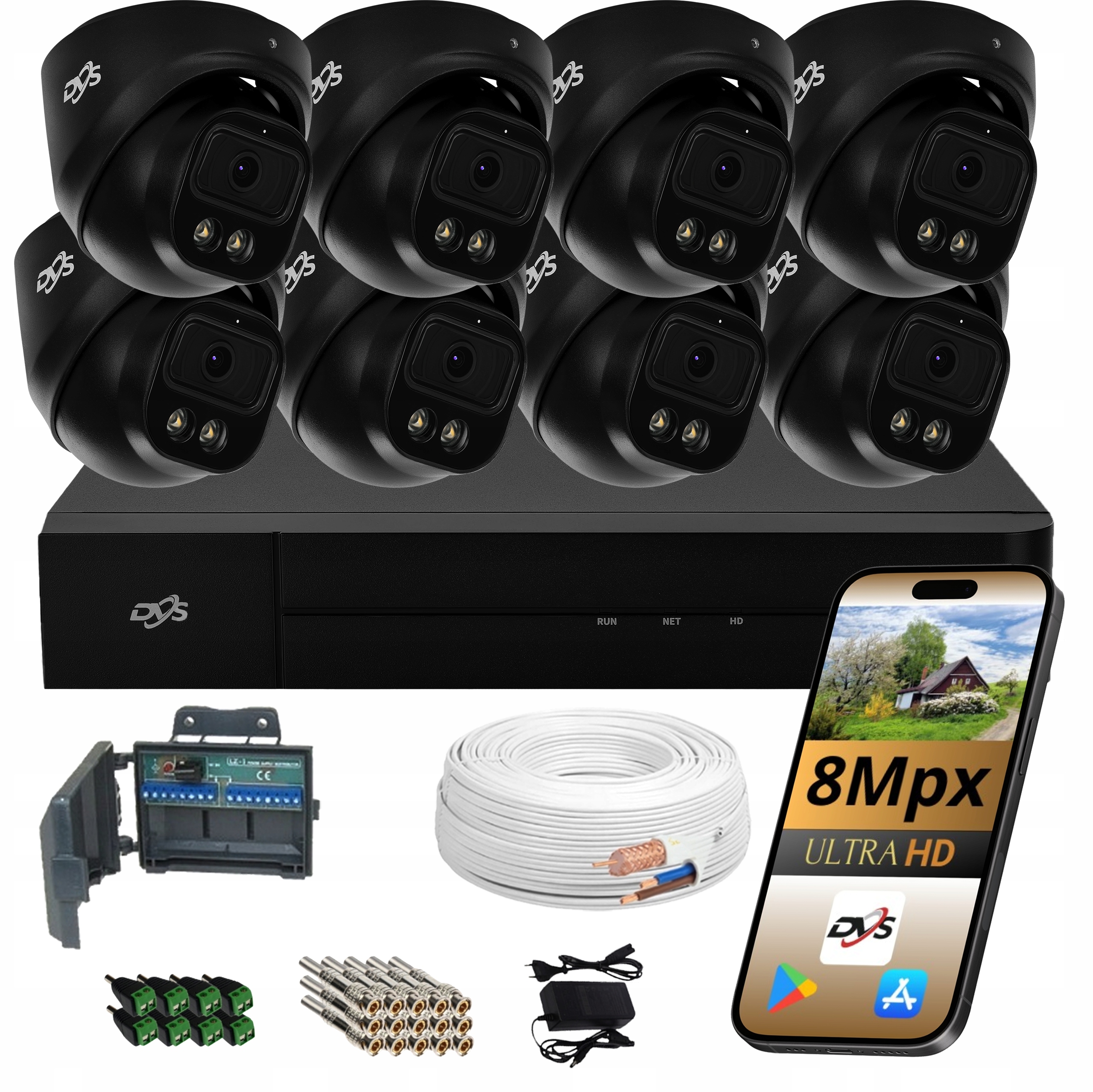 Monitorovacie Kamery Sada 8 Čiernych Kamer 8Mpx Dvs Dual Light Led Ir