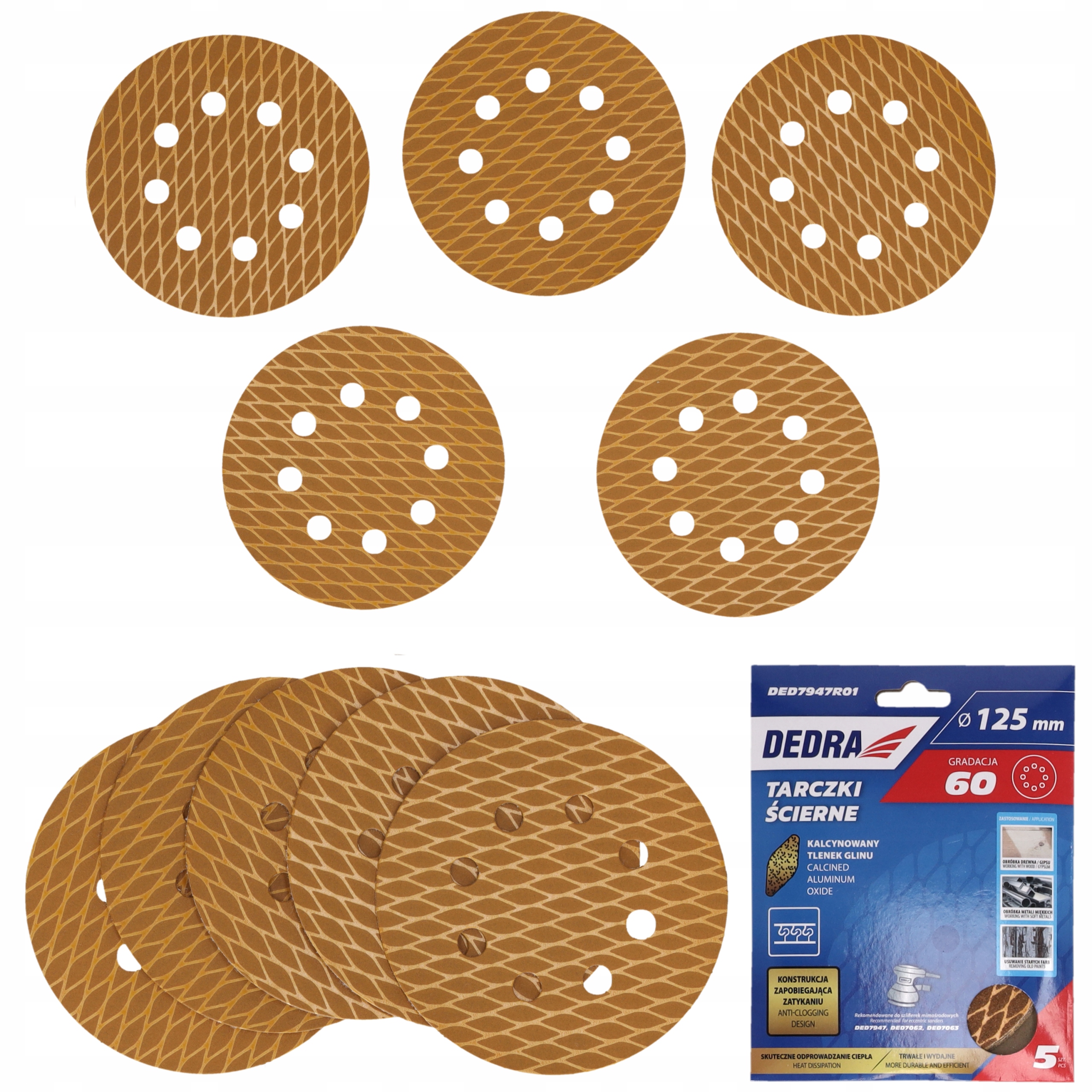 Krążki ścierne 125mm P60 Dedra szlifierki mimośrodowej Papier Tarcze 5szt