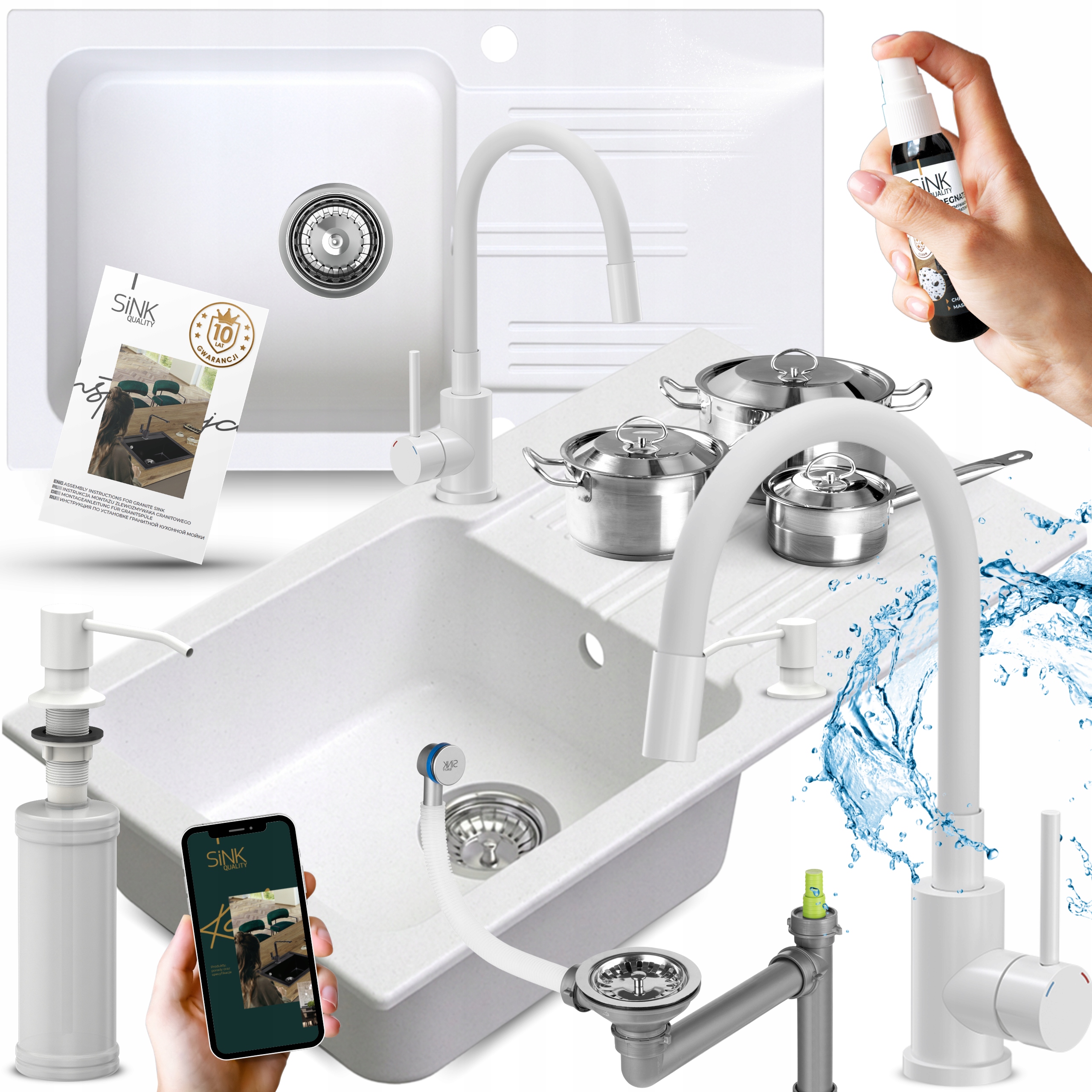 Granitový dřez Jednokomorový s odkapávačem Bílý dřez 78x44 Baterie