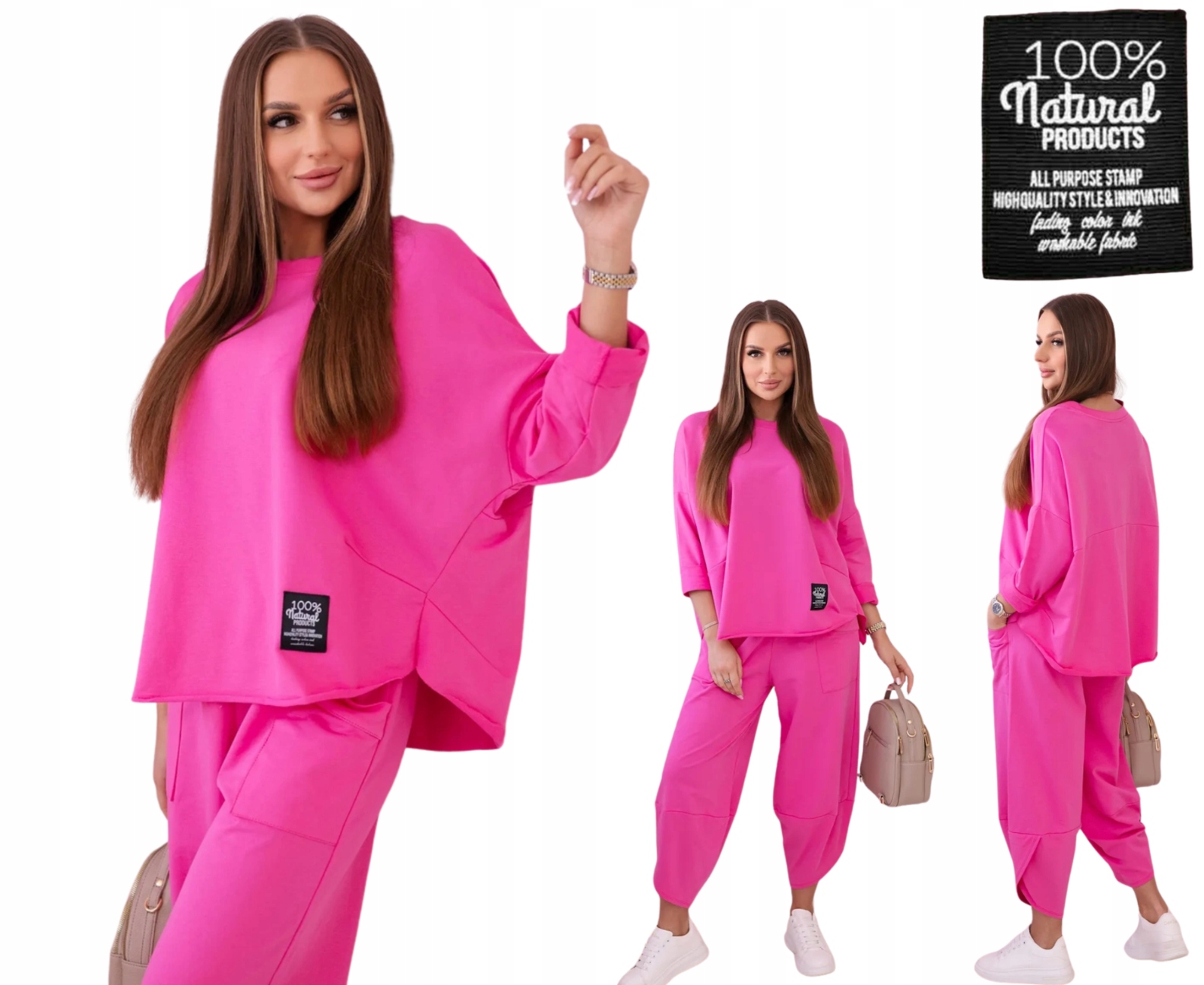 Růžový bavlněný dámský komplet: oversize mikina a kalhoty