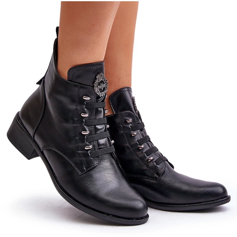 Kotníkové Boty Zateplené Eko Kožené Na Zip, Plochý Podpatek, Ozdoba Černá 37